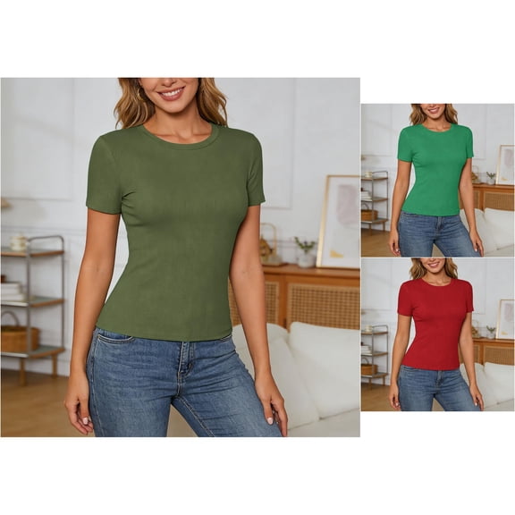 SIYUDAN Women's Shirts Women's Stretch Ribbed Crew Neck Slim Fit Casual Basic T Shirt Soft Comfort Everyday Tee Top, Size S
