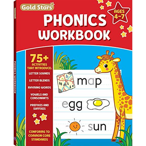 Pre-Owned Phonics Workbook for Ages 4-7 with 75+ Activities, Letter Sounds, Letter Blends, Rhyming Words, Vowels and Consonants, Prefixes and Suffixes, Conforms to Common Core Standards (Gold Stars S