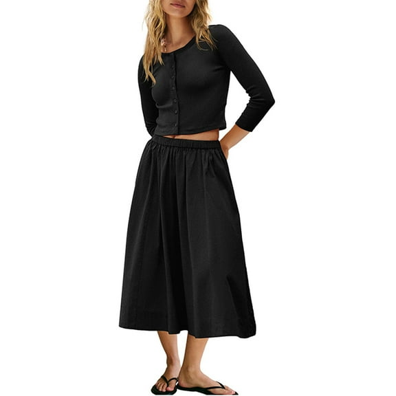2 Piece Lounge Sets for Women Matching Vacation Outfits Button Down Ribbed Cardigan Elastic Waist Skirt Sets