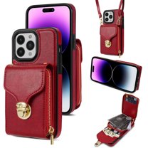 Allytech Case for iPhone 16, [Large Capacity] Wallet Case with Card Slots & Zipper Pocket, Premium PU Leather Metal Snap Kickstand Shockproof Case with Shoulder Strap, Red