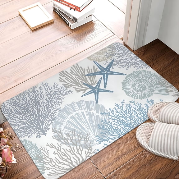 RLESO Coastal Beach Bath Mats for Bathroom Decor,Seashells Starfish Absorbent Bath Rug Non-Slip Floor Rug Carpets for Kitchen Bathroom Laundry Bedroom Living Room