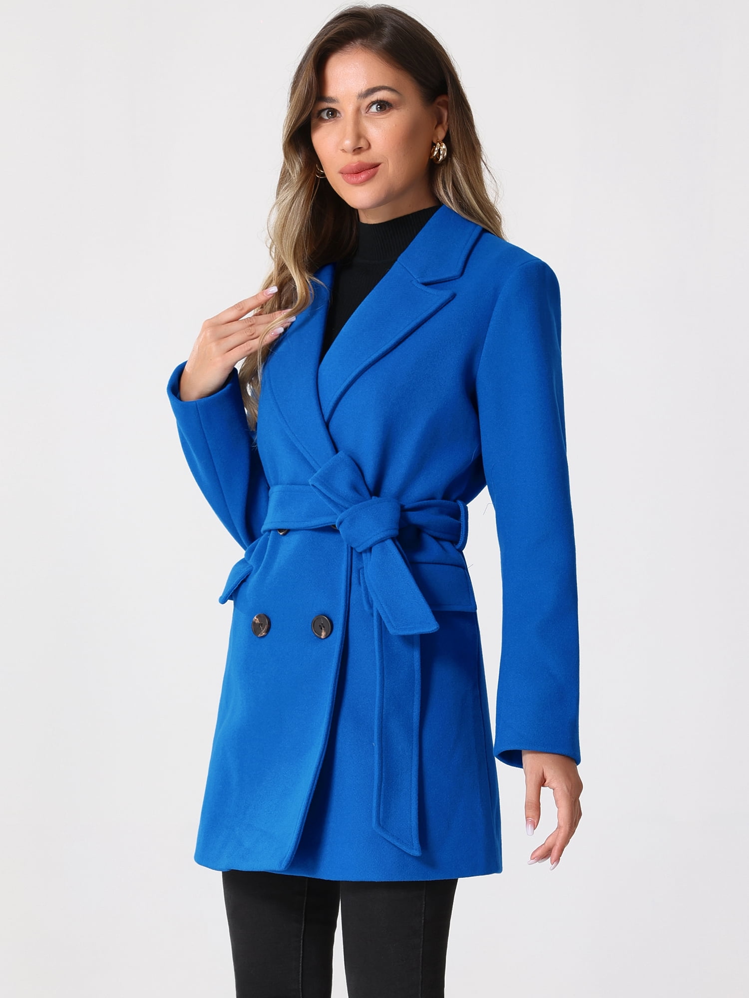 DARING DIVA Women's Notched Lapel Double Breasted Belted Trench Coat Blue S