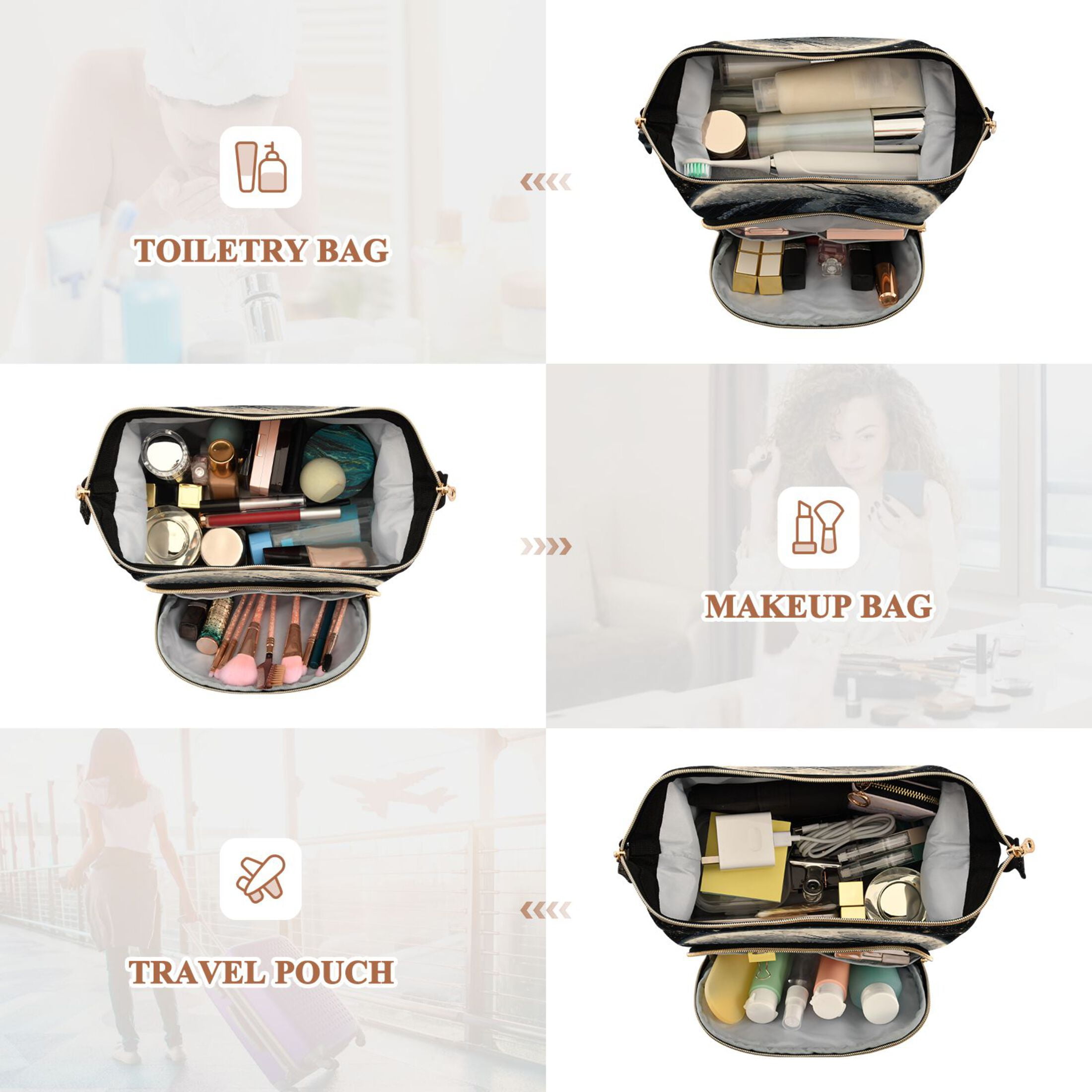 Wavy Quilted Cosmetic Bag Large-Capacity Travel Toiletry Organizer Includes 9-Piece Portable Travel Bottle Set Black Devil Dragon
