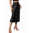 thumbnail image 3 of Women Solid High Waist Silky Casual Elastic Satin Midi Skirt Black S, 3 of 9