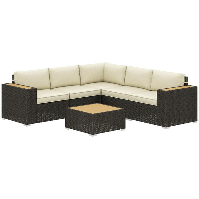 Outsunny Ensemble de Mobilier de Patio en Rotin 6 Pcs avec Sofa d'Angle, Table, Kaki