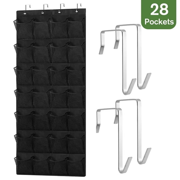 SMERXI Over the Door Shoe Organizers, Over the Door Shoe Rack with 28 Large Thickened Mesh Pockets & 4Metal Hooks， Up to 46 Pounds, Hang on Doors, 1 Pack, Black