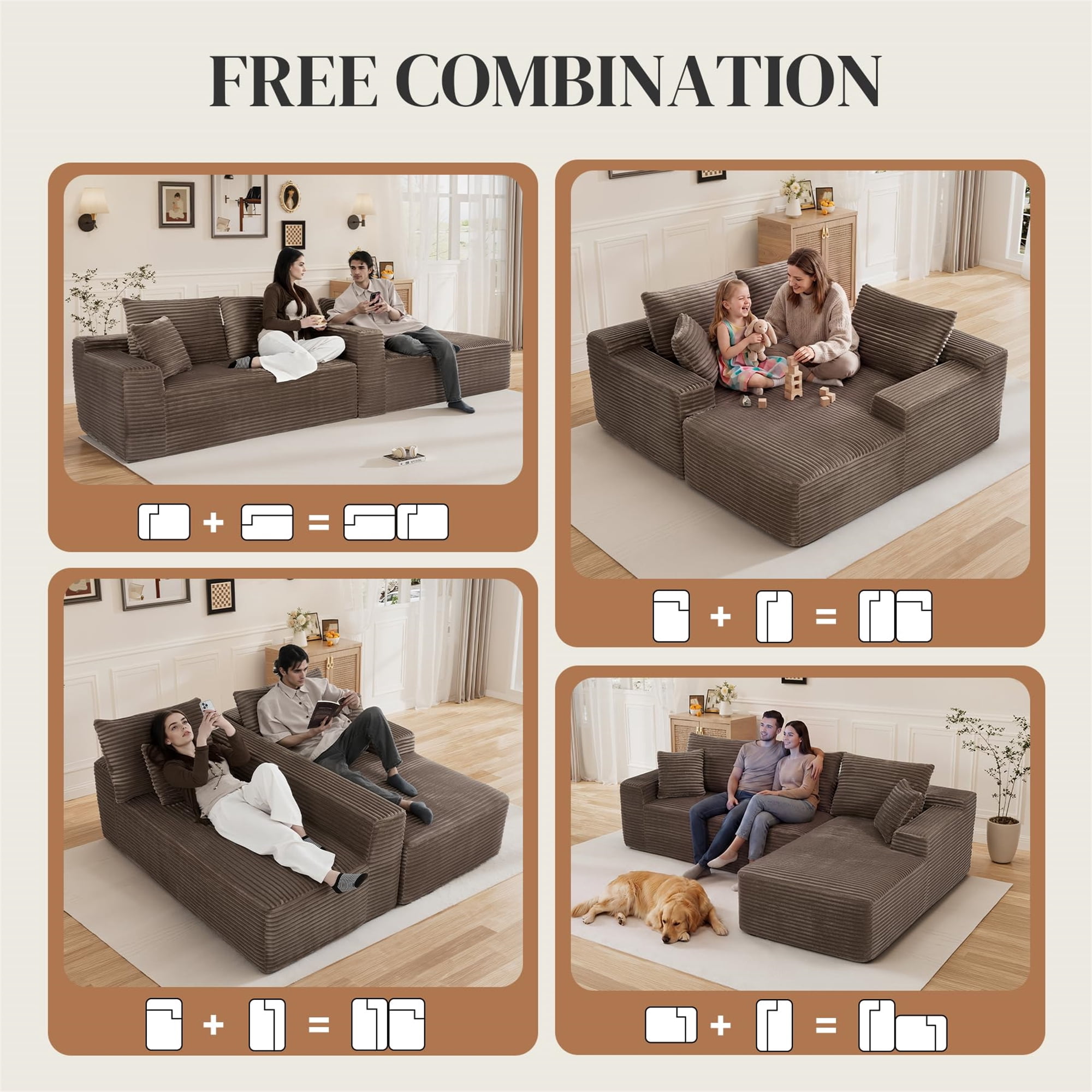 Aukfa 108" Cloud Sectional Sofa Deep Seat Boneless Couch Modular L-Shaped Couch, Rihgt Chaise Corduroy Sofa for Living Room, Brown