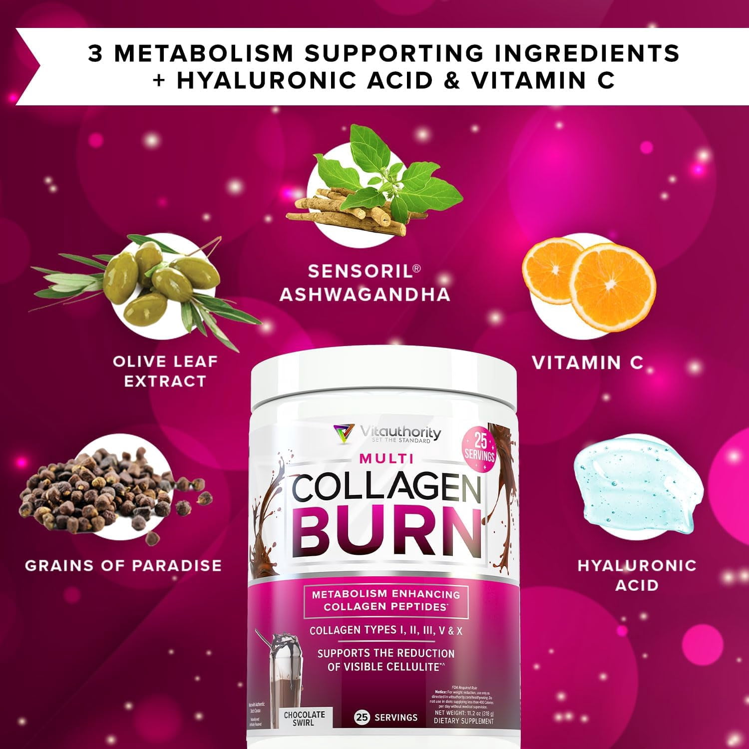 Vitauthority Multi Collagen Burn, Collagen Peptides Powder for Women, Chocolate Swirl, 25 Servings