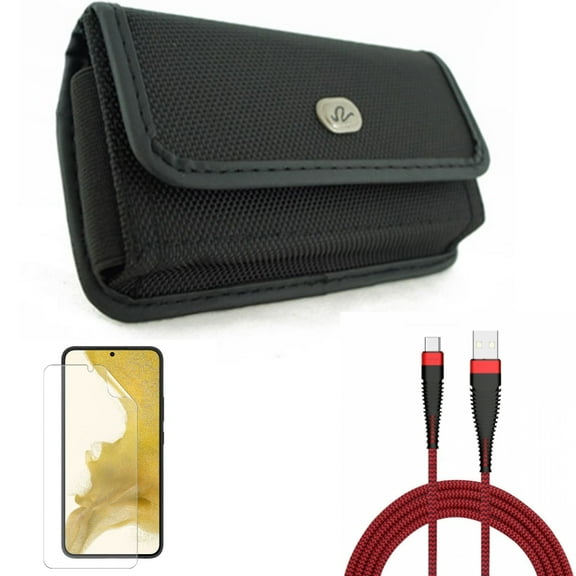 Matte Screen Protector & 10ft USB Cable & Case Belt Clip for Samsung Galaxy S22 (6.1") - TPU Film Anti-Glare & Type-C Charger Cord & Rugged Holster Accessory Bundle