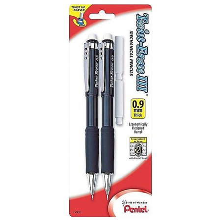 UPC: 0072512150009 | Pentel Twist-Erase III Mechanical pencil  (0.9 mm) with (2) Eraser Refills 2-Pack  Assorted Barrel Colors