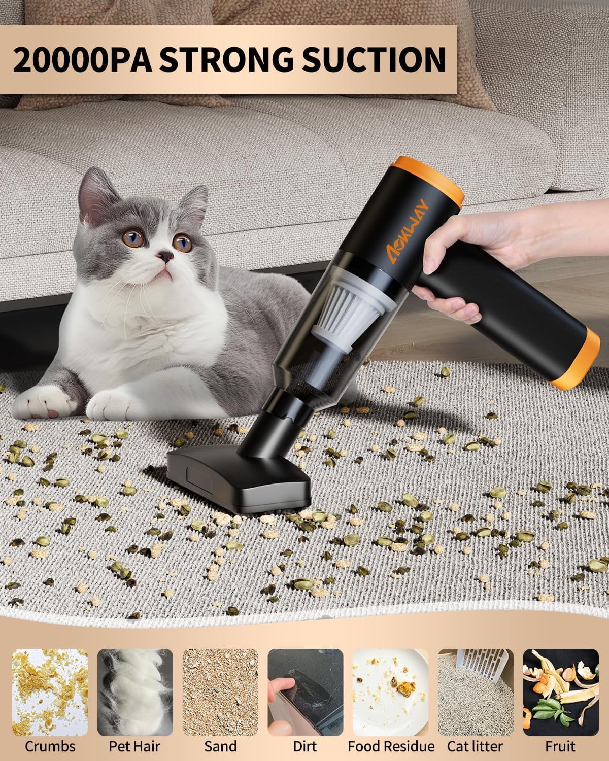 aokway Car Vacuum Portable Cordless 20000PA Powerful Suction, Mini Vacuum Cleaner for Car, Electric Air Duster & Blower, Mini Handheld Vacuum 4-in-1 Rechargeable for Home, Office Desk Cleaning