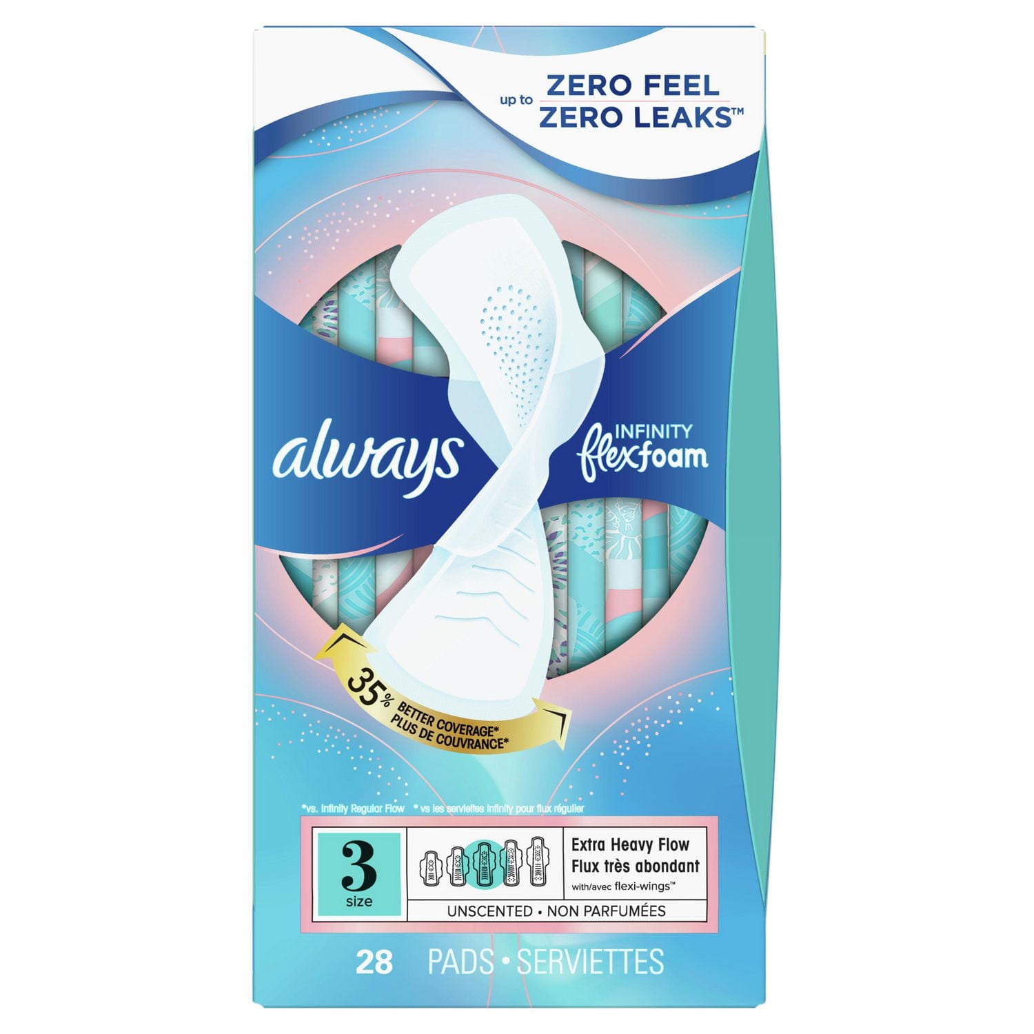 Serviettes féminines Always Infinity, flux très abondant, avec ailes, pour femmes, taille 3, non parfumées, 28 U 28CT
