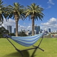 thumbnail image 3 of Portable Hammock with Stand, Patio Double Hammock with Carrying Bag, Upgrade Polyester Hammock, Heavy Duty Outdoor Indoor Hammock for Porch Backyard Beach Forest, Holds 250lbs, Blue & Green, Q9340, 3 of 12