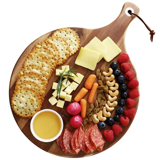 Tabla para Charcutería hecef de Madera de Acacia, Circular con Mango - Tabla para Quesos de 41 cm