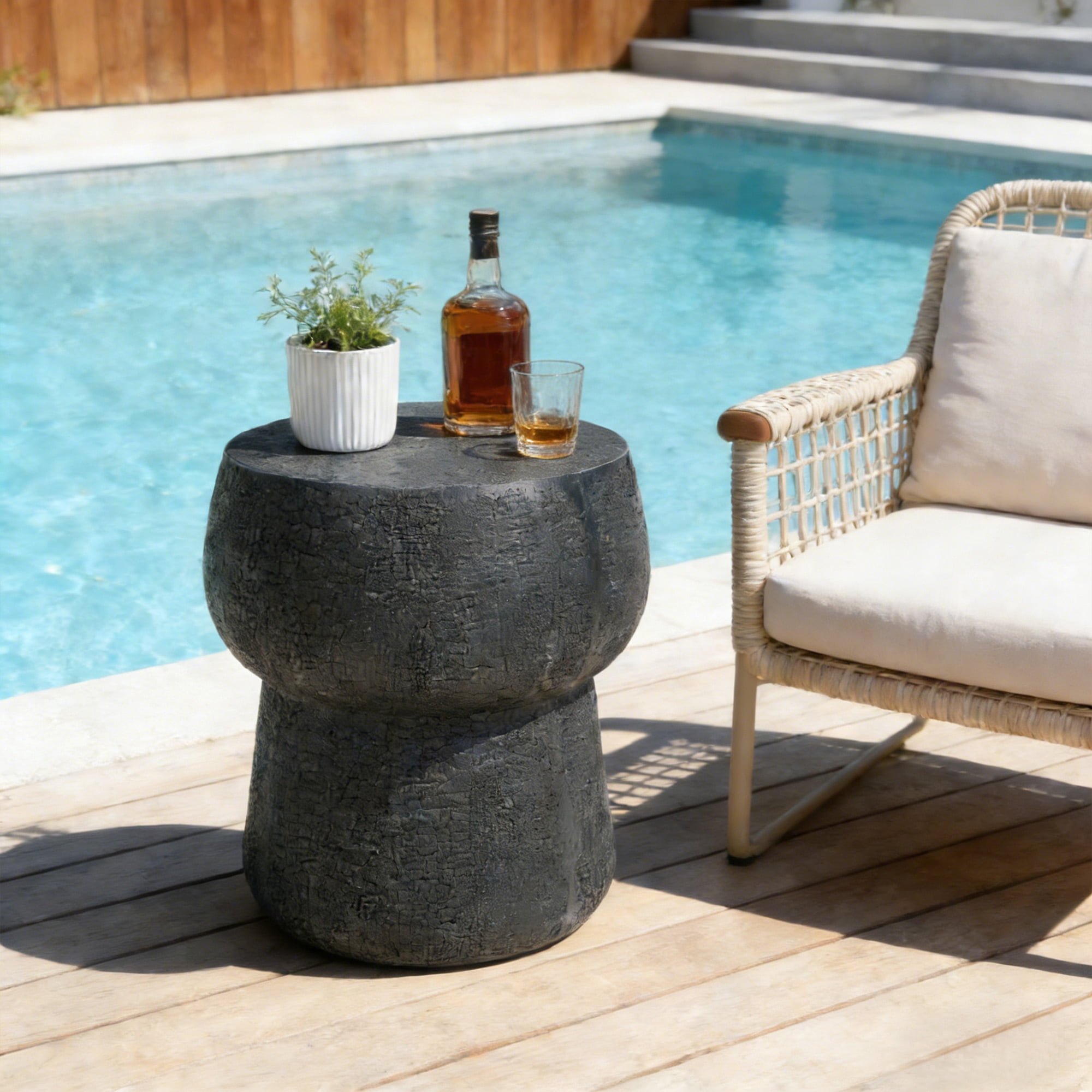 Mintazer 17.8" H Double Barrel Shaped Outdoor Side Table, Distressed Cement Accent Table for Patio Living Room, Black