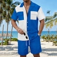thumbnail image 4 of HBGVBA Men Color Blocked Casual Beach Breathable Elastic Waist Shorts Button Lapel 2 Pocket Short Sleeve Shirt 2 Piece Beach Set, 4 of 5