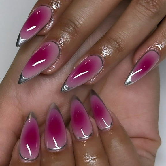 Easy To Apply Rose Red And Silver French Almond Press on Nails Acrylic Nails Tips For Everyday And Special Occasions