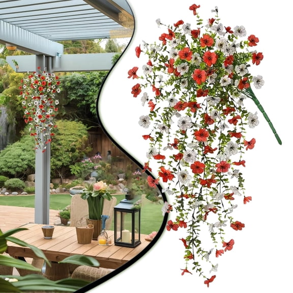 30" Artificial Hanging Flowers Plants for Outdoor Fall Decoration, Look Real for Outside Home, Indoor Planter, Porch, Window, Yard Mums Autumn Decor, Artificial Eucalyptus & Violet Vine, Red & White