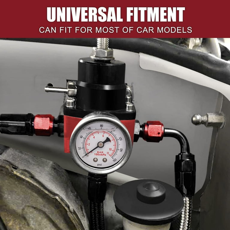 Universal Adjustable EFI Fuel Pressure Regulator Kit with 0-100psi Gauge AN6 -6AN Fuel Line Hose Fitting Connectors Kit Black&Red 