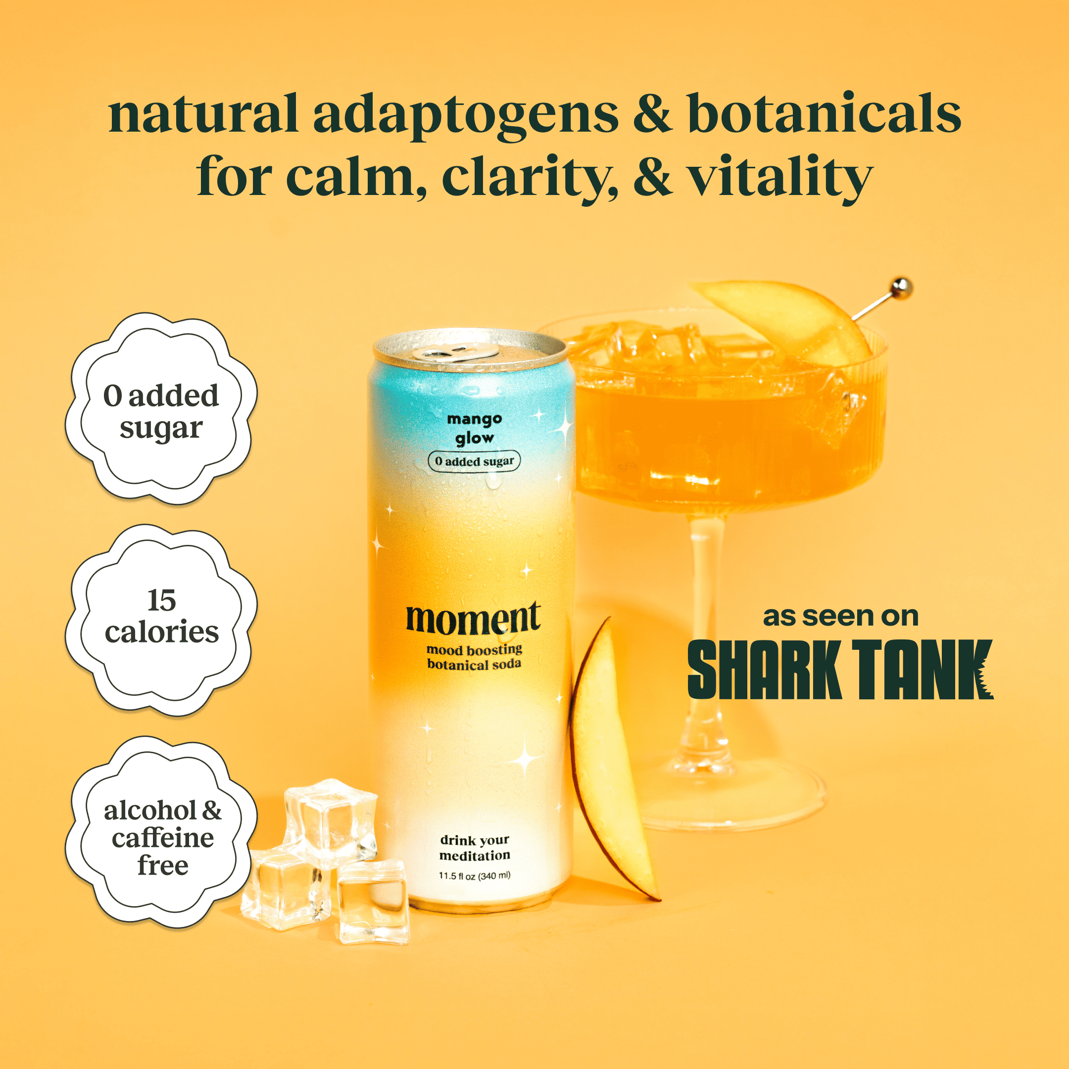 Moment Adaptogen Drink Mango Glow Sparkling Soda, 11.5 Oz, 12 Pack Cans