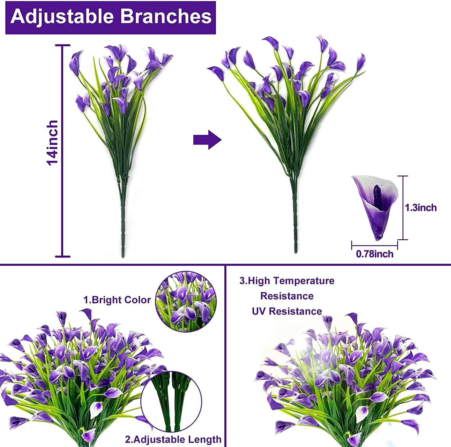 Calla Lily (3Heads) Artificial Flowers for Outdoors, UV Resistant Faux Fake Plants Plastic Flowers Indoor Outside Planter Home Porch Summer Cemetery Decor(Purple)