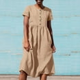 thumbnail image 2 of BLVB Midi Dresses for Women Summer Cotton Linen Short Sleeve Crewneck T Shirts Dress Button Casual Tunic Dress, 2 of 6