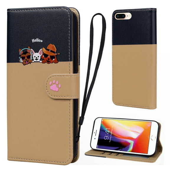 Cute Cartoon Wallet Case for iPhone 8 Plus/7 Plus, with Card Holder Soft PU Leather Kickstand Cover for Men and Women Magnetic Shockproof Protective with Lanyard for iPhone 8 Plus/7 Plus, Khaki