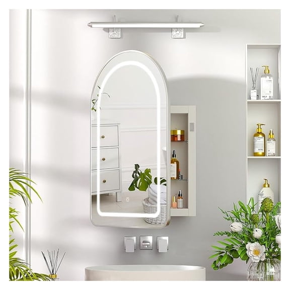 Recessed Medicine Cabinet with Lights,Brushed Arched Medicine Cabinet with Mirror for Bathroom,3-Color Lighted Mirrored Cabinet Wall Mounted,Bathroom Vanity Mirror with Storage,20x31