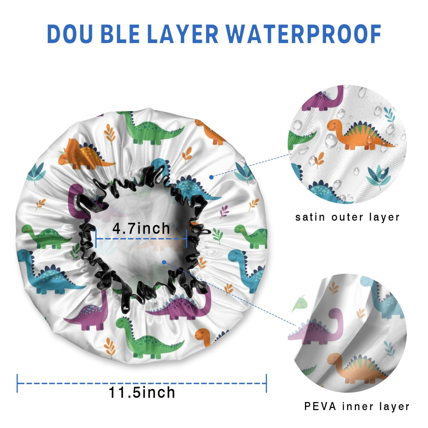 Shower Caps,White Dinosaurs Colorful Leaves Pattern Waterproof Shower Cap for Women 4 Pieces,Double Reusable Hair Cover for Shower PEVA Elastic Stretch Hem