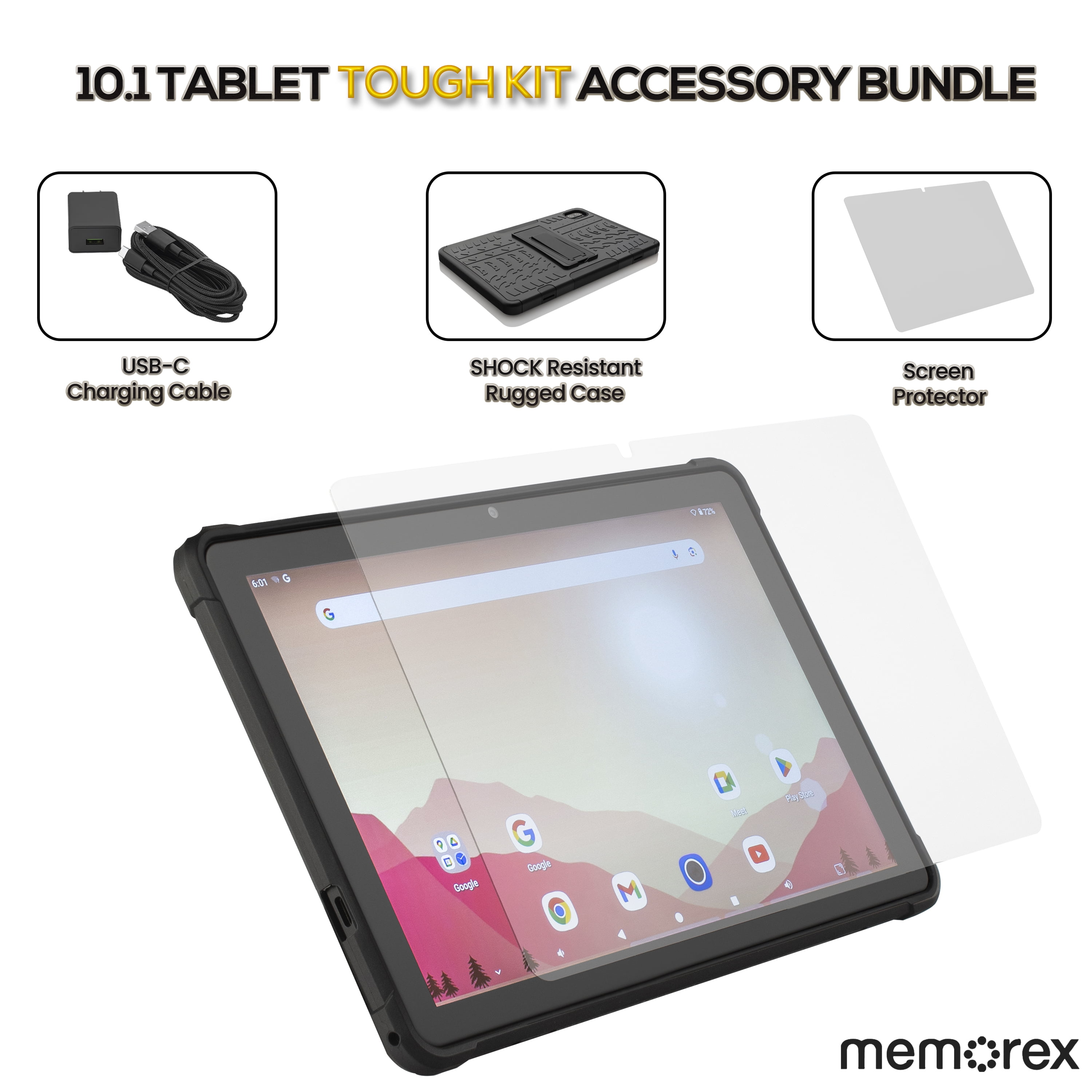 Memorex Bonus Buy Ultimate 4-in-1 Rugged Bundle with 10.1" HD IPS Android 14 8-Core Tablet, 128GB Storage, 4GB RAM with Bonus SHOCK Resistant Case, Braided 10ft USB-C cable & Premium Screen Protector