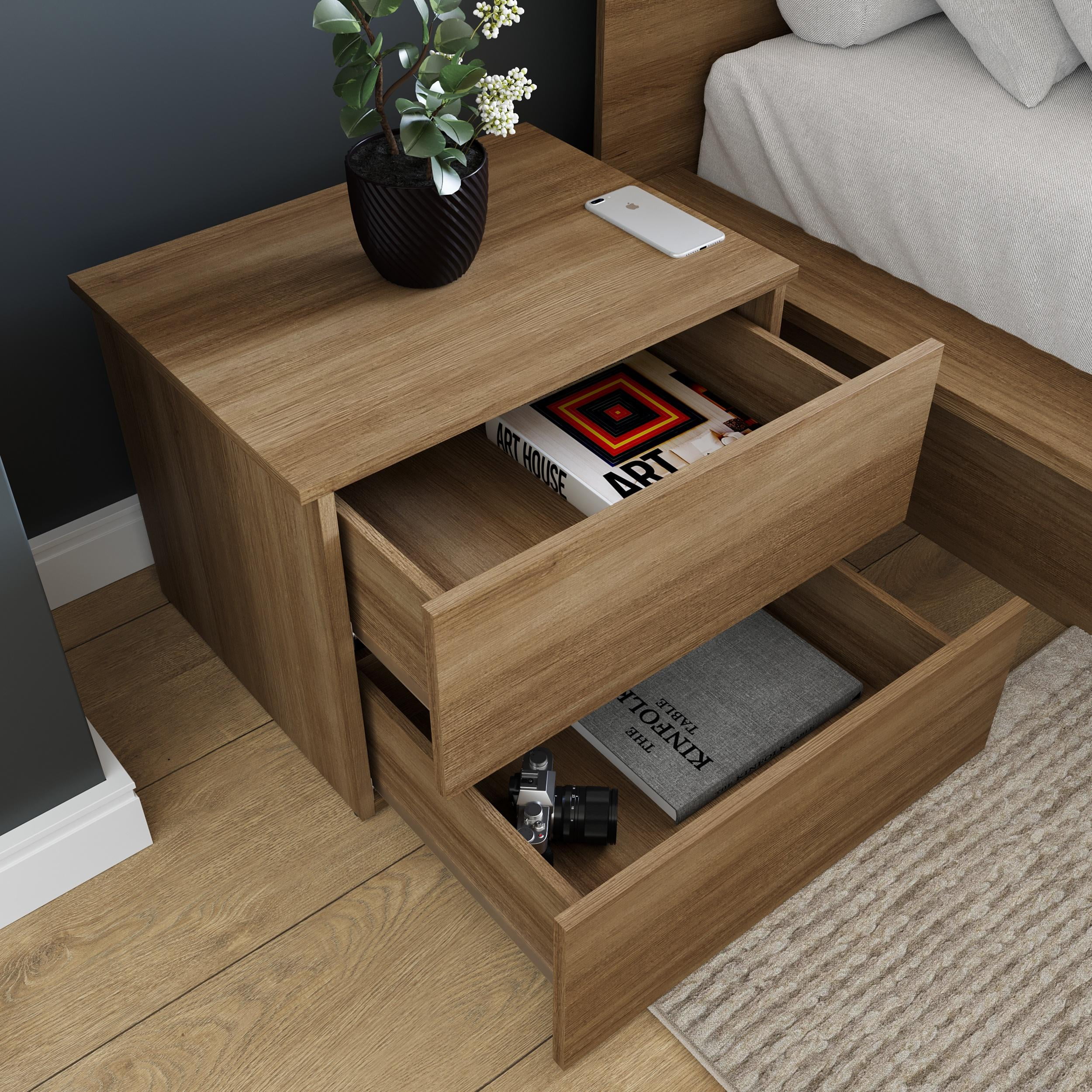 Nexera James Modern 2 Drawer Nightstand, Brown Oak