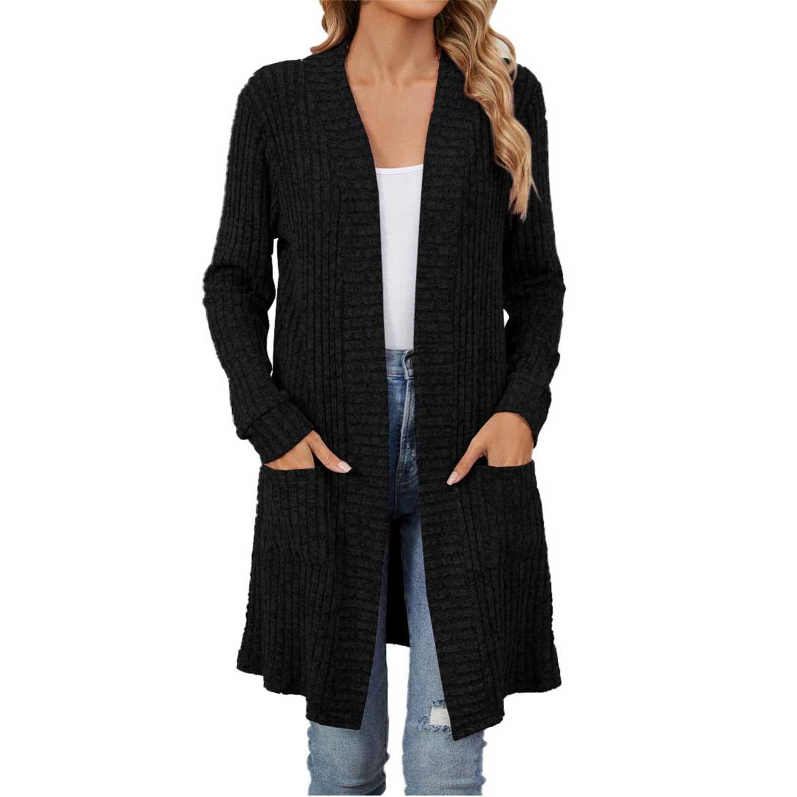 Cardigan Lungo Donna Aperto Davanti, Maniche Lunghe, Maglione In Maglia Grossa Con Tasche, Cachi, Taglie Forti XX-Large, Poliestere E Spandex, Caldo E Morbido, Per Inverno E Autunno