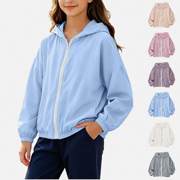 WAVSUF Girls Lightweight Jacket, Zip Up Elastic Cuff Lightweight Fall Casual Hooded Jacket 10-12