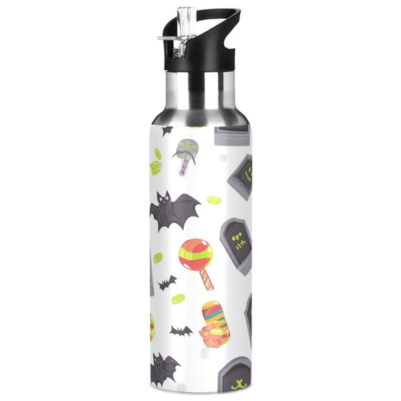 1000ml Vacuum Insulated Sports Water Bottle with Foldable Straw Stainless Steel Portable Thermos Cup Cute Tombstones Bats Pattern