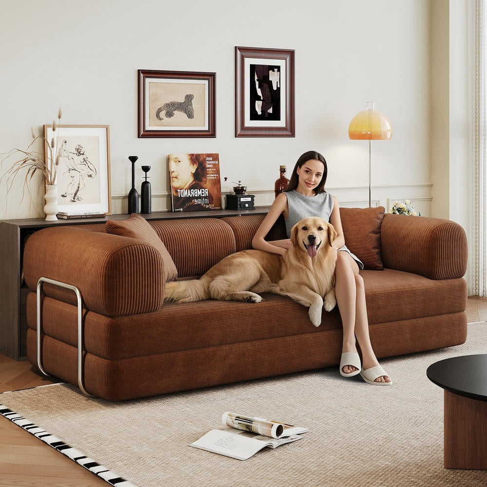 Barara King 78.8" Convertible Sofa Bed, Comfy Futon Sleeper with Pillow Back Support, Armrest, Modular Sectional Design, Boneless Loveseats for Living Room, Bedroom, Corduroy, Brown