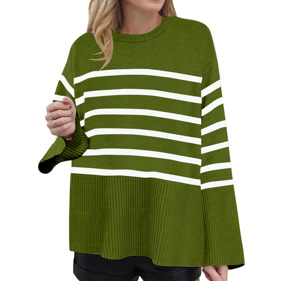Virmaxy Chandail à Rayures pour Femmes à Manches Longues, Col Rond, Fendu sur le Côté, Surdimensionné, chandail Chaud Décontracté pour l'Automne et l'Hiver, Vert TP