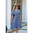 thumbnail image 5 of Women'S Wrap Dress V Neck Short Sleeve Waist Tie Ruffle Split Midi Casual Dress Gray blue M, 5 of 9