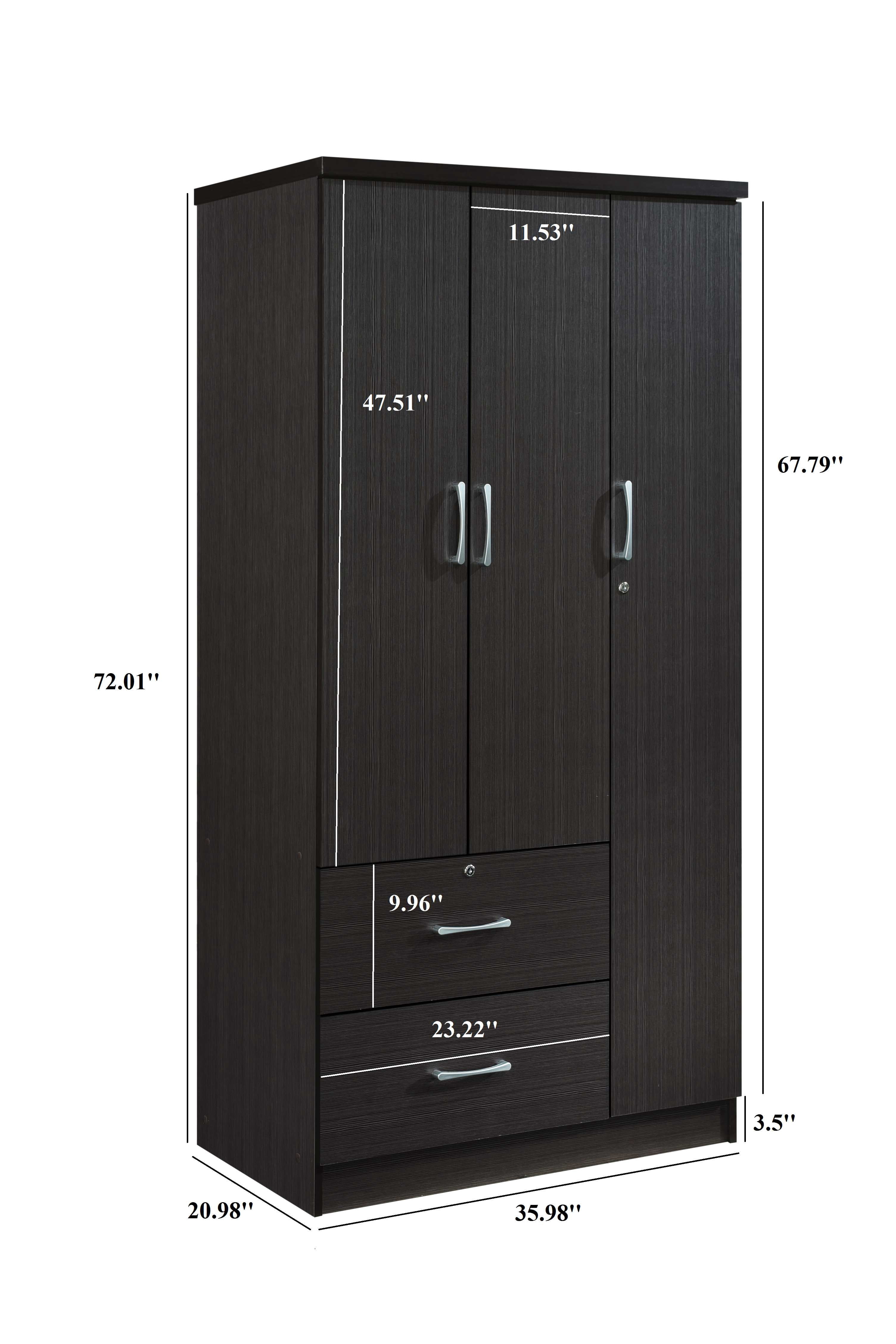 Hodedah 3 Door Bedroom Armoire with Drawers, Chocolate