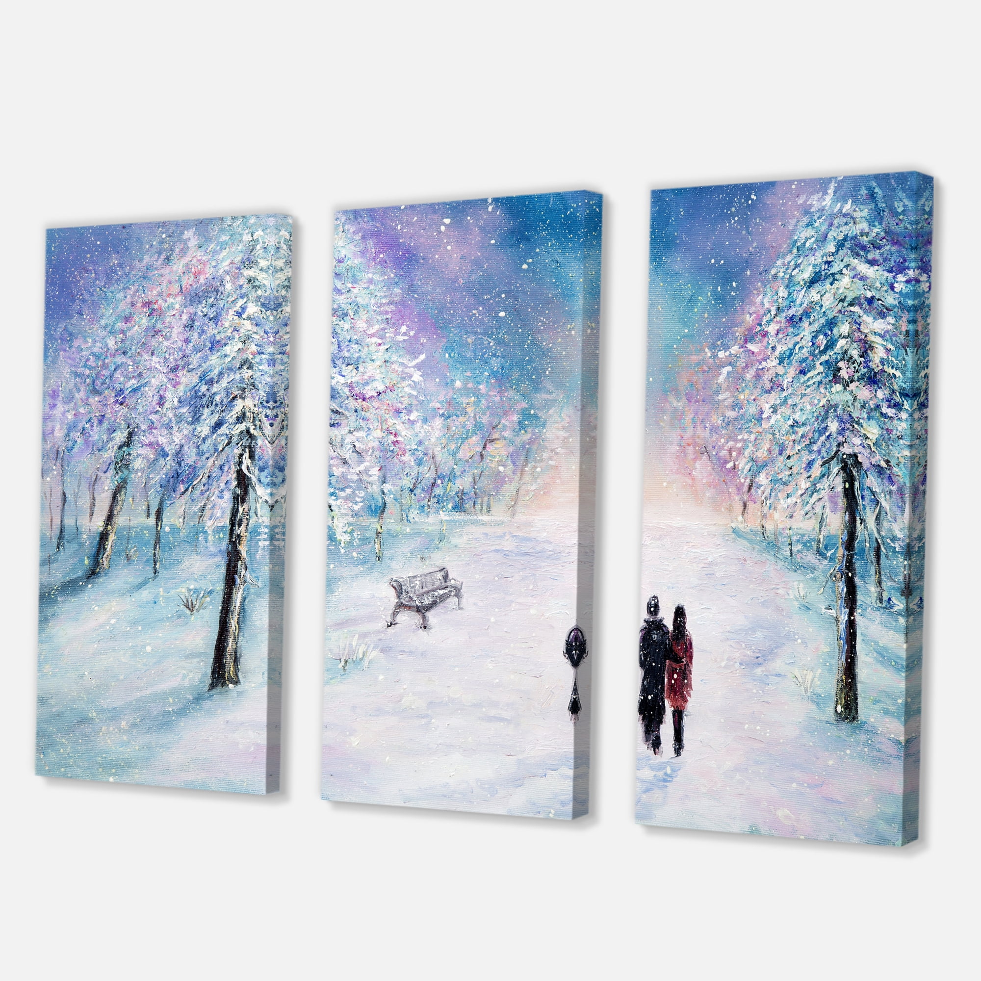 Designart ' Couple In Love Walks During Snowy Winter Times ' Traditional Canvas Wall Art Print