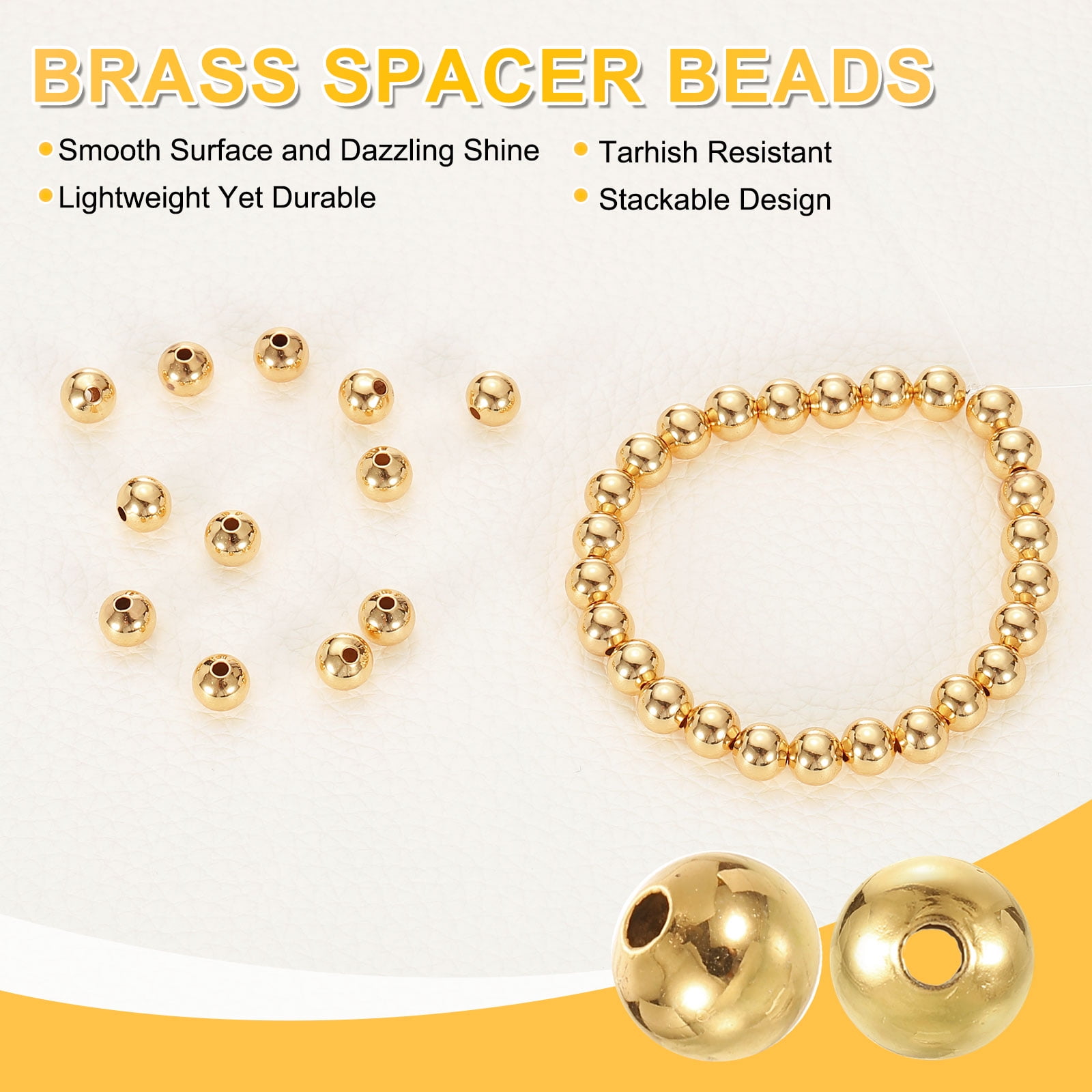 Uxcell 200pcs Spacer Beads, 6mm Round Filled Spacer Beads, Seamless Smooth Brass Loose Beads for Bracelets Necklaces Earrings Crafts Bulk Supplies, Champagne Gold Tone