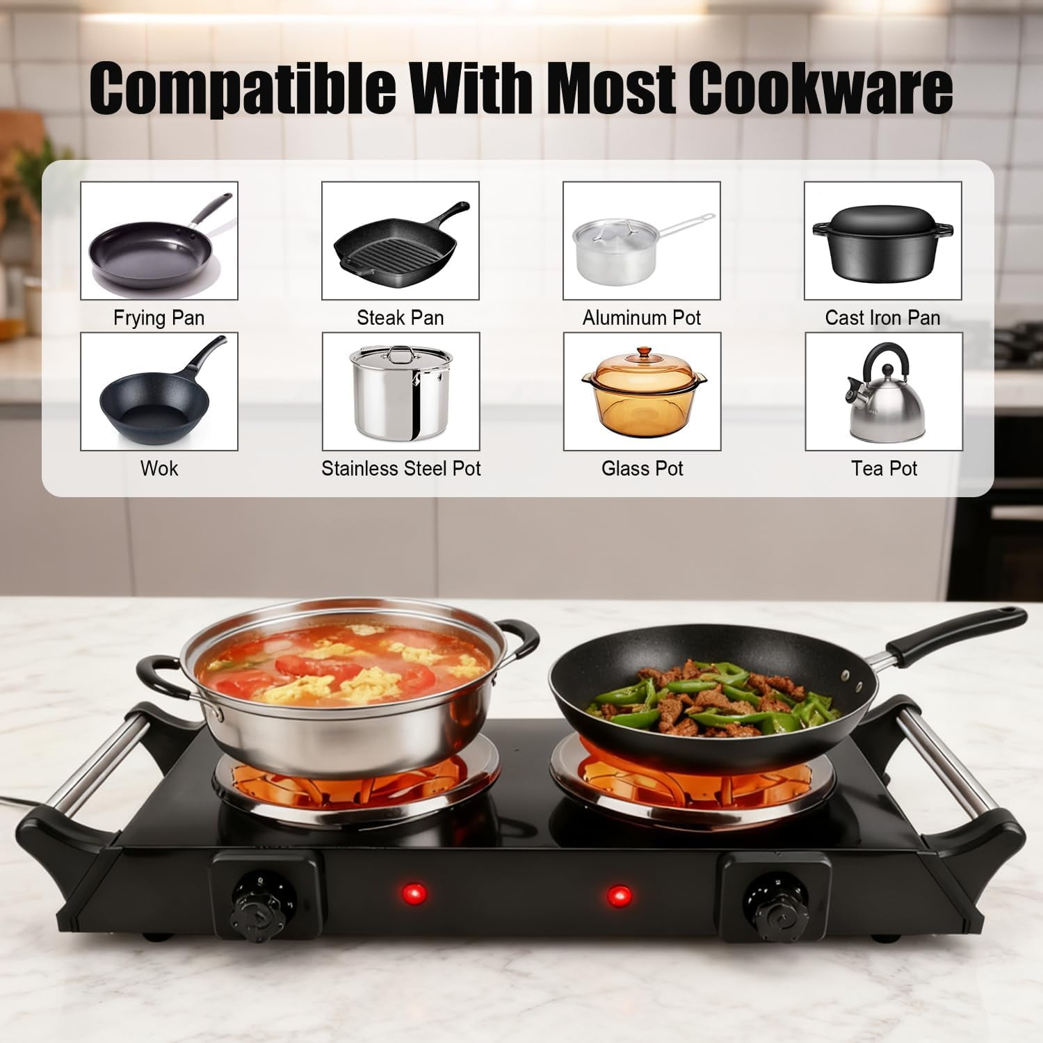 Double Hot Plate, 2000W Portable Countertop Burner & Electric Stove, 5-Level Temp, Portable Handle, Cast Iron Double Burner Cooktop for Home/RV/Camping (Black)