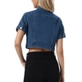 thumbnail image 3 of INSPIRE CHIC Women's Turndown Collar Short Sleeve Washed Denim Cropped Jean Jacket Vintage Blue S, 3 of 6