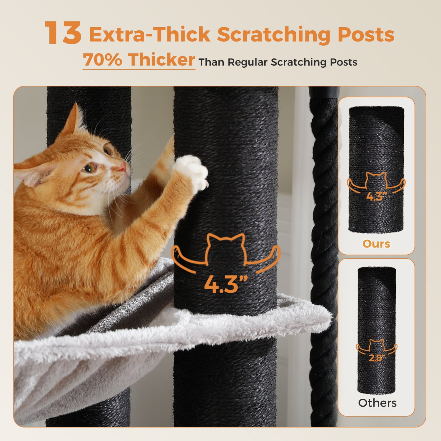PEQULTI 67" Multi-Level Cat Tree with Super Large Scratching Posts Cat Tower with 3 Hammocks Black