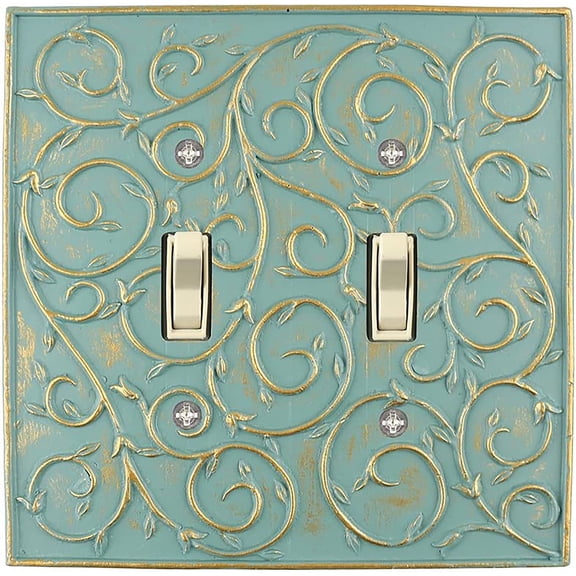 Meriville French Scroll 2 Toggle Wallplate, Double Switch Electrical Cover Plate, Buckingham Green with Gold