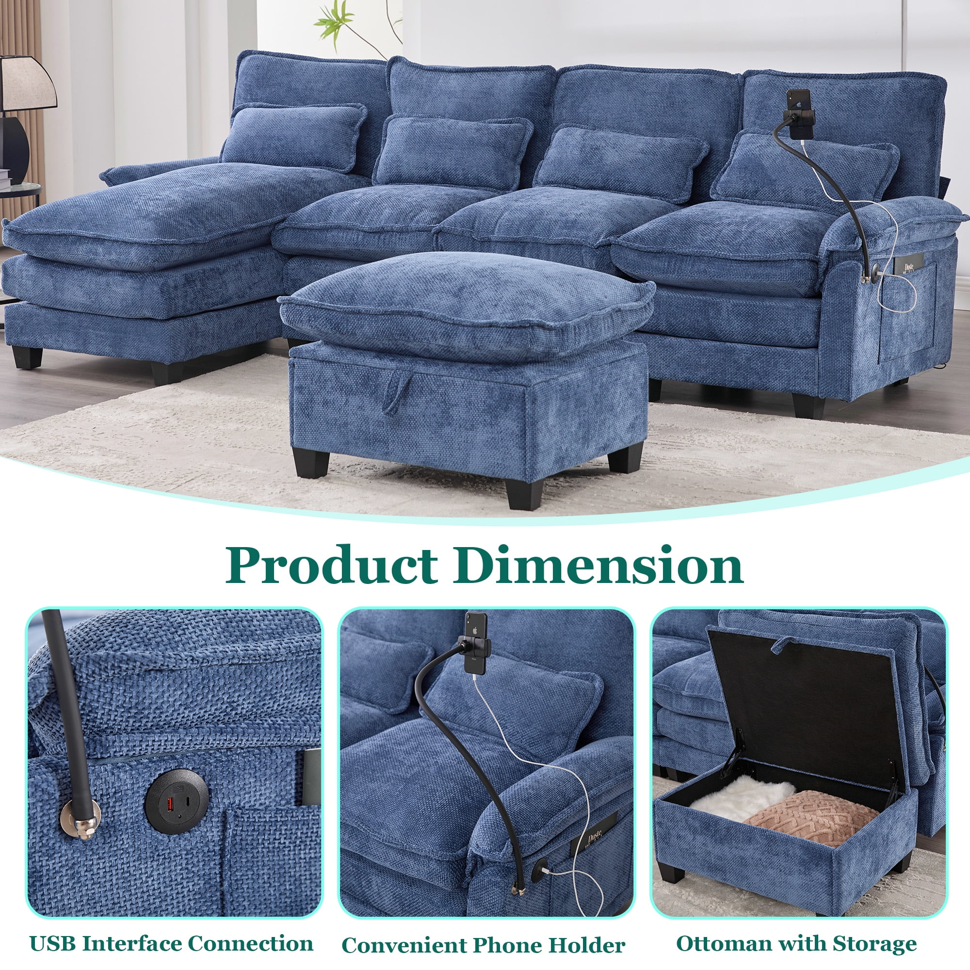 MOONMIS 106" U Shape Sectional Sofa Cloud Couch for Living Room, Upholstery Comfy Modular Sofas, 4 Seat Chenille U-Shaped Sleeper Sofa with Chaise Lounge, Ottoman & Pillows