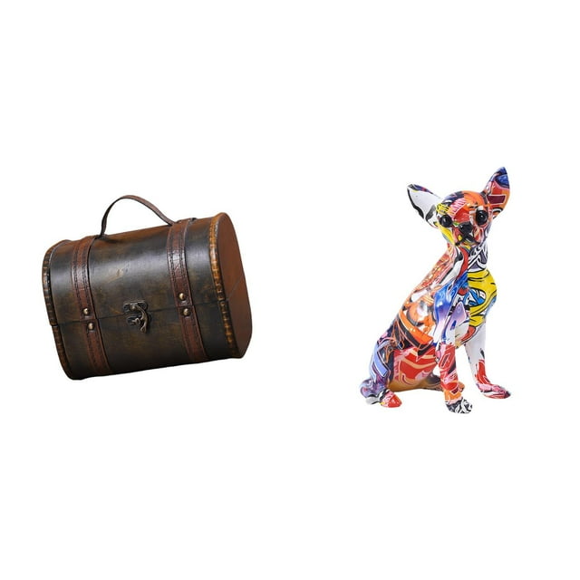 Organizador de joyas vintage de madera con colorida estatua de perro, decorativo multicolor para guardar anillos y baratijas.