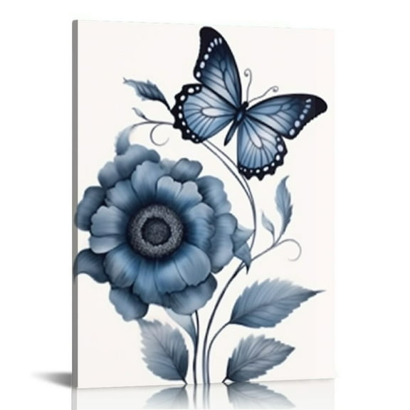 ONETECH Canvas Wall Art Navy Flower Painting Art Prints Blue Floral With Butterfly Picture Artwork Modern Bedroom Bathroom Wall Decor Framed Ready to Hang