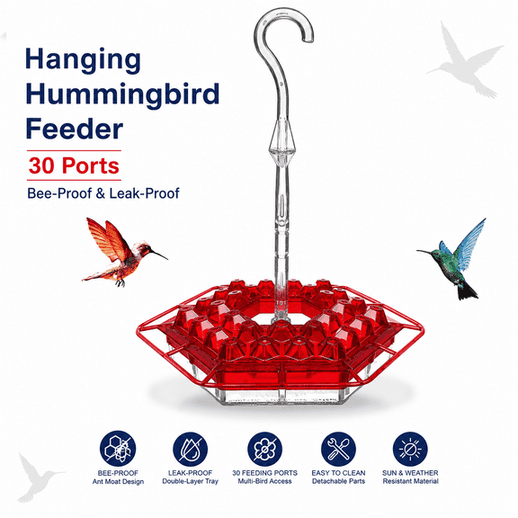 Hanging Hummingbird Feeder for Outdoors – 30 Feeding Ports, Tray Style, Bee-Proof & Leak-Proof, Drip-Free, Easy to Clean & Refill, Plastic with Ant Fence and Hook