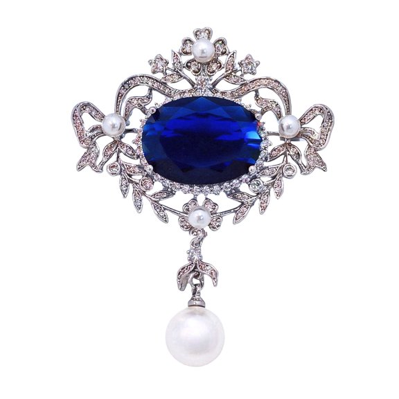 Oval Blue Main Stone Pendant Brooch – Courtly Vintage Design with Elegant Simulated Pearl Accents and Regal Touch