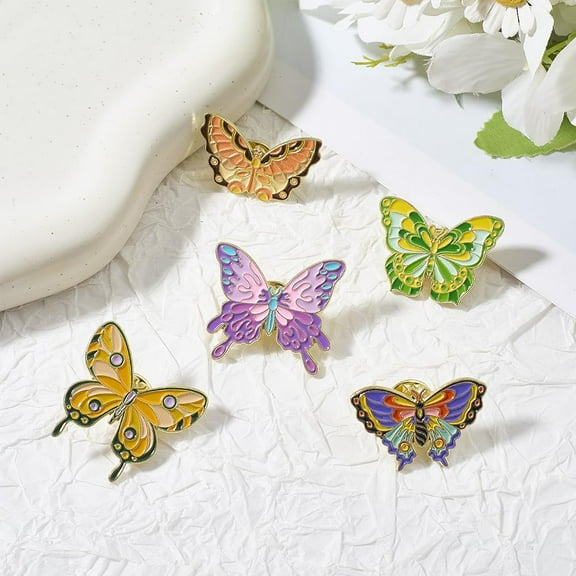 5Pcs 5 Styles Butterfly Enamel Pins Alloy Brooches for Backpack Clothes Mixed Color 29~30x17.8~27.5mm 1pc/style